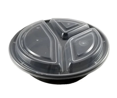 JR-348 | 48oz Black Round 3-Comp Container with Lid - 150 Sets