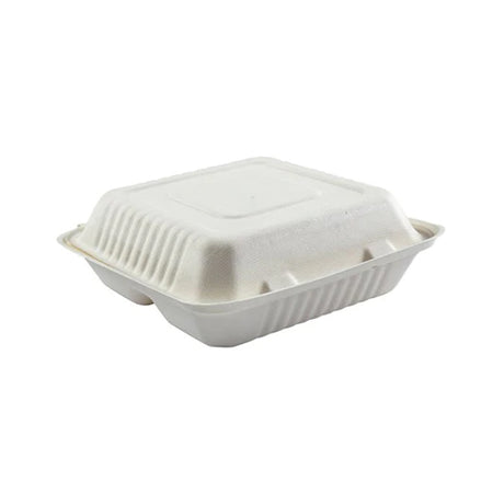 8x8 3 Compartment Clamshell Hinged Containers Sugarcane Closed