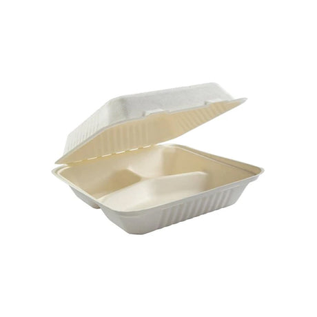 8x8 3 Compartment Clamshell Hinged Containers Sugarcane