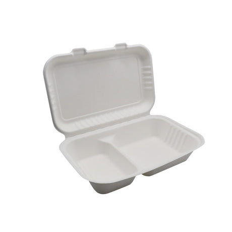 9x6 2 Comp Clamshell Hinged Containers Sugarcane Open