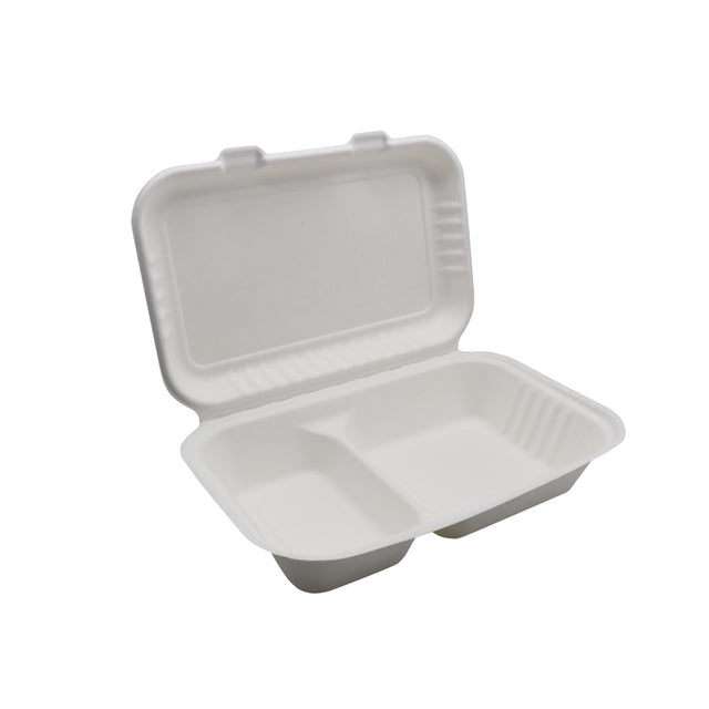 9x6 2 Comp Clamshell Hinged Containers Sugarcane Open