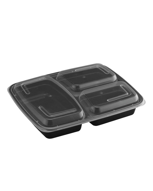 39oz Black Rectangular Take Out Containers With Lid 3 Comp Top
