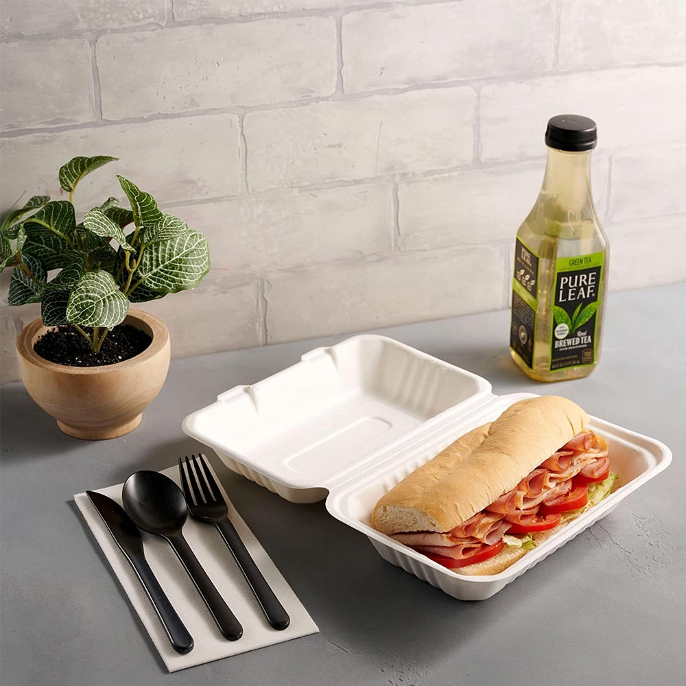 SC-96 | Clamshell Eco-Friendly Rectangular Sugarcane Containers 9x6x3" - 200 Pcs