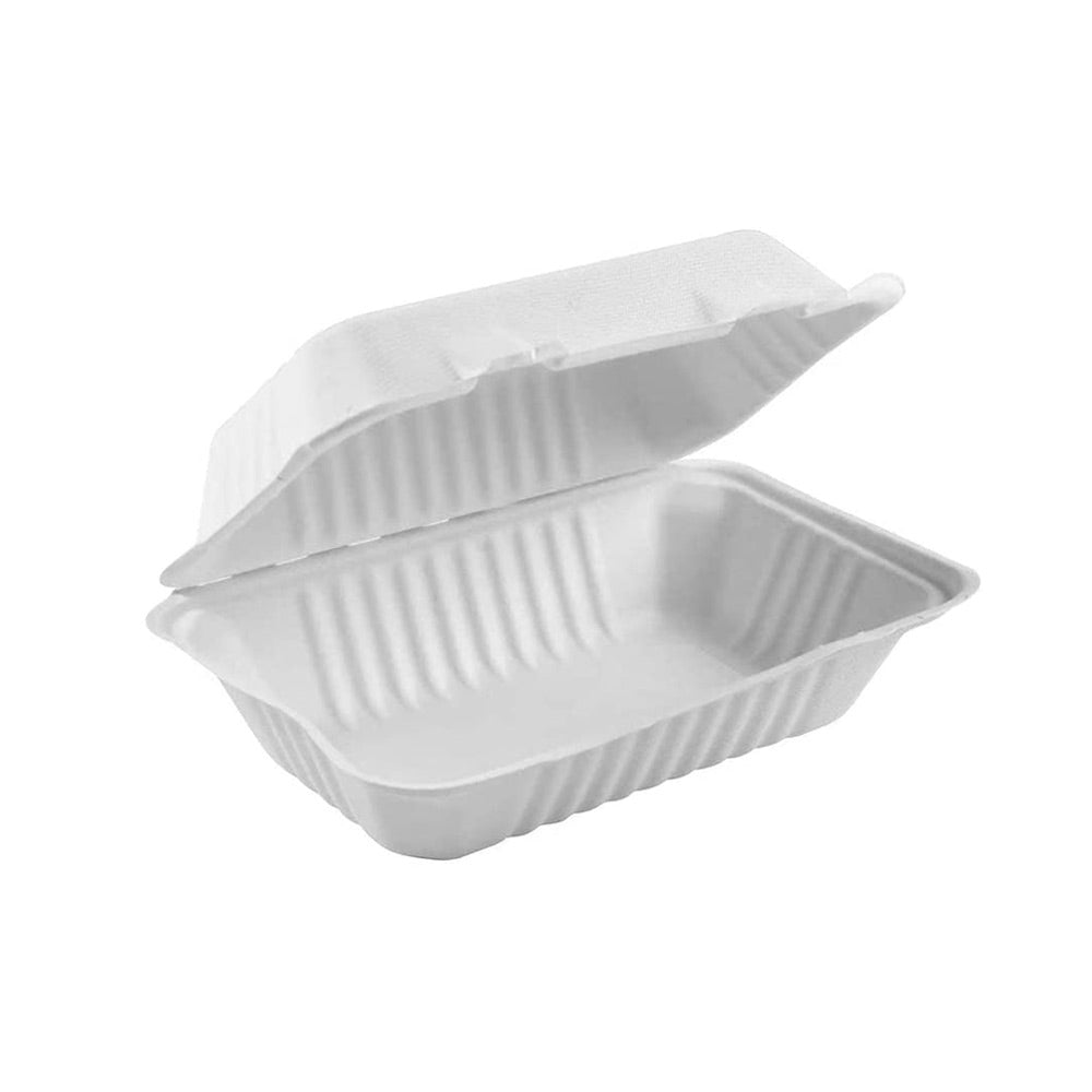 SC-96 | Clamshell Eco-Friendly Rectangular Sugarcane Containers 9x6x3" - 200 Pcs
