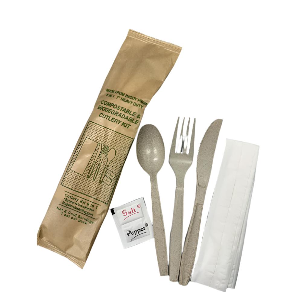 Bio Cutlery Set 6 in 1 Cutlery Kit (7" Fork, Knife, Spoon, Napkin, Salt/Pepper) - 250 Sets