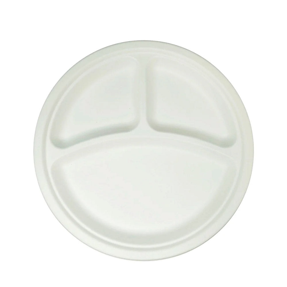 9” Sugarcane Round Plates 3-Compartment - 500 Pcs – Patek Packaging