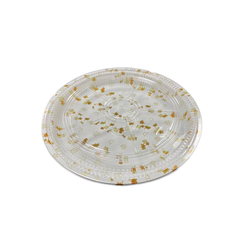 14" White Round Maple Leaf Plastic Sushi Party Tray - 50 Sets