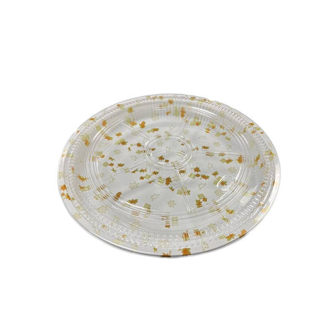 15" White Round Maple Leaf Plastic Sushi Party Tray - 50 Sets