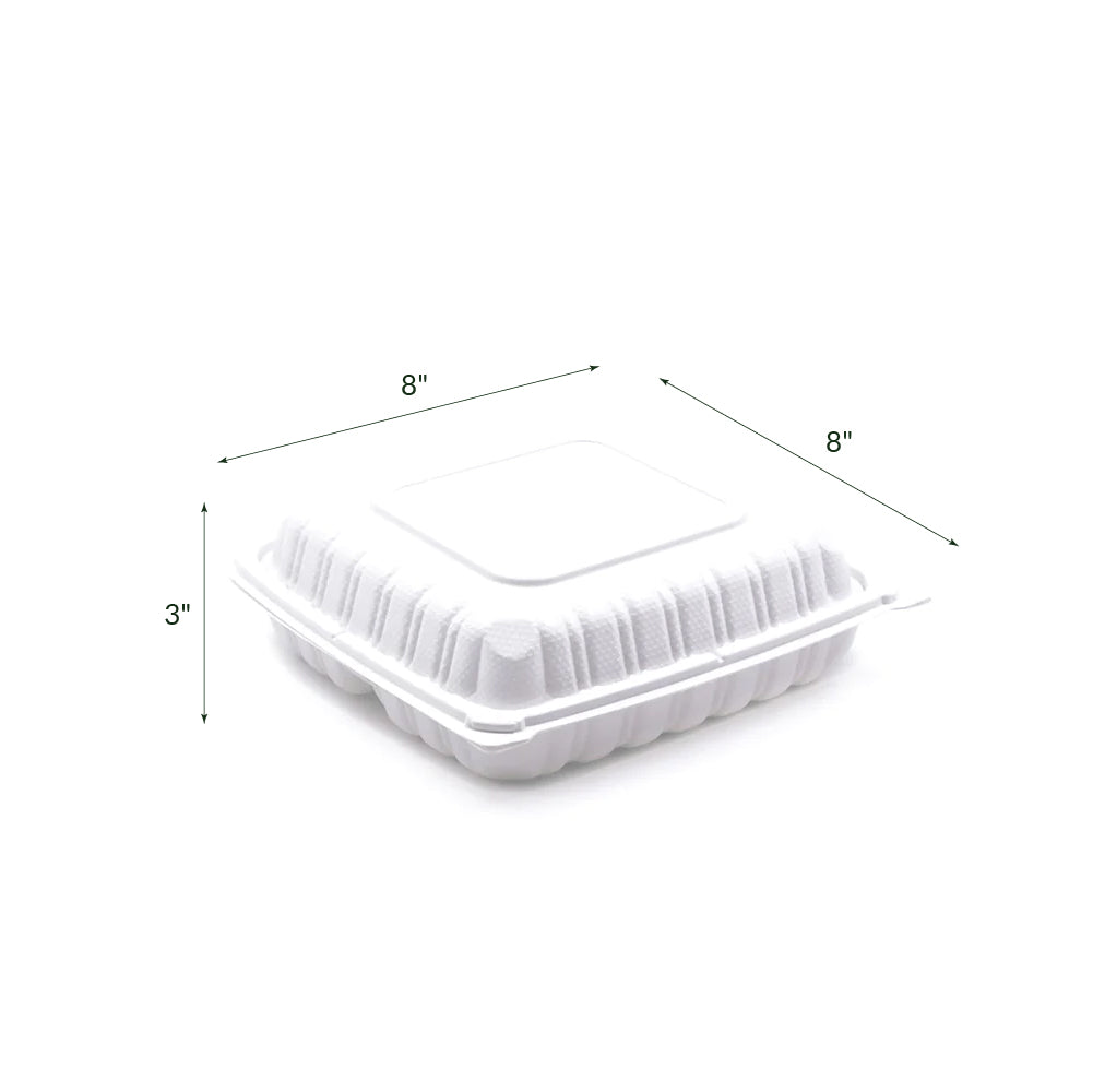 TY-83 | 3 Compartment Square Clamshell PP Hinged Container 8x8x3″ – 150 Pcs