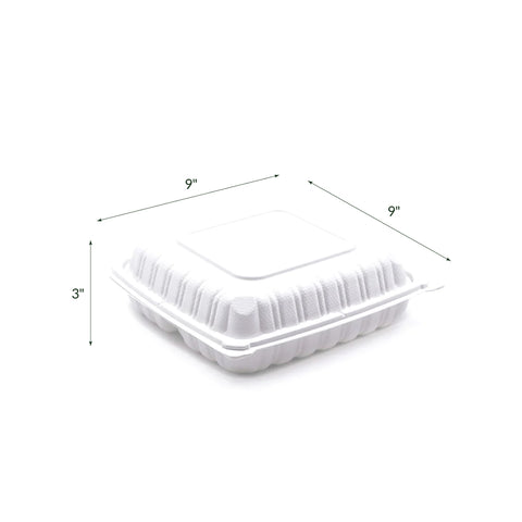 TY-93 | 3 Compartment Square Clamshell PP Hinged Container 9x9x3″ – 150 Pcs