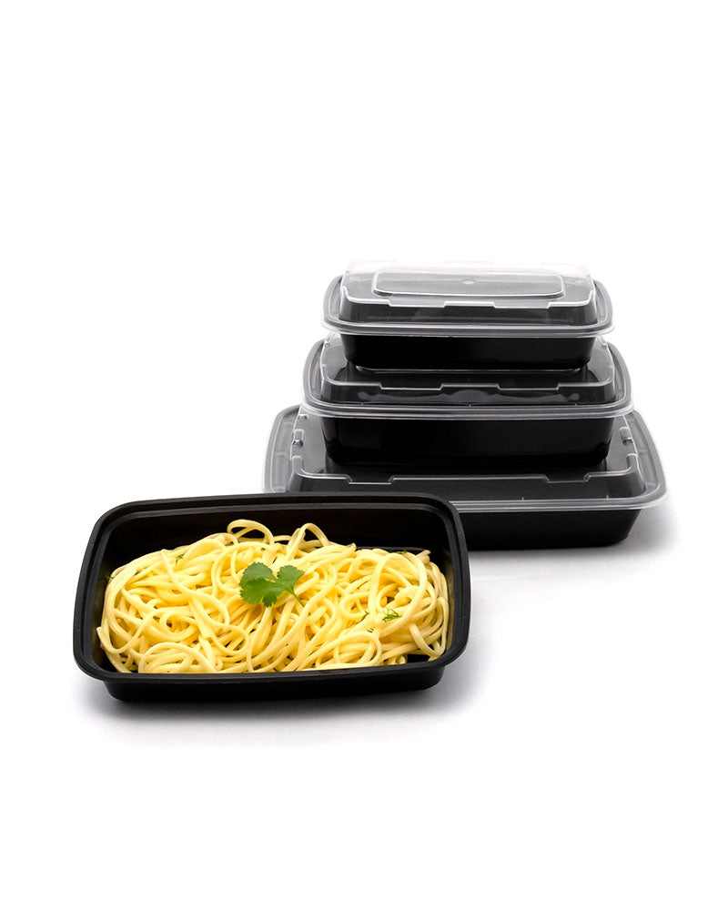 Round Black Plastic Food Takeout Containers with Clear Lids – 7in x 3in –  38oz – 150 per case